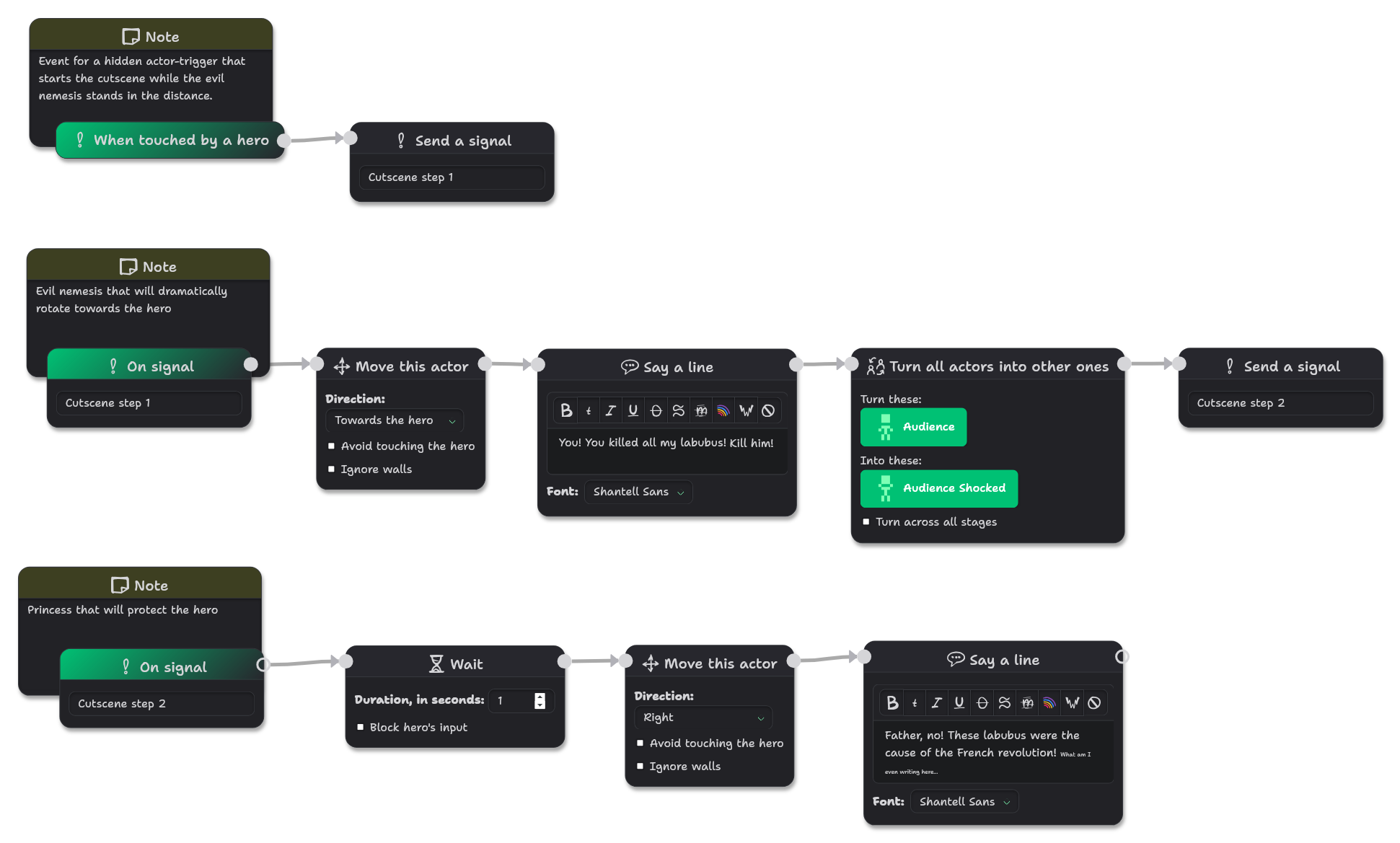A chain of signals that together, make a simple cutscene with pauses and moving actors